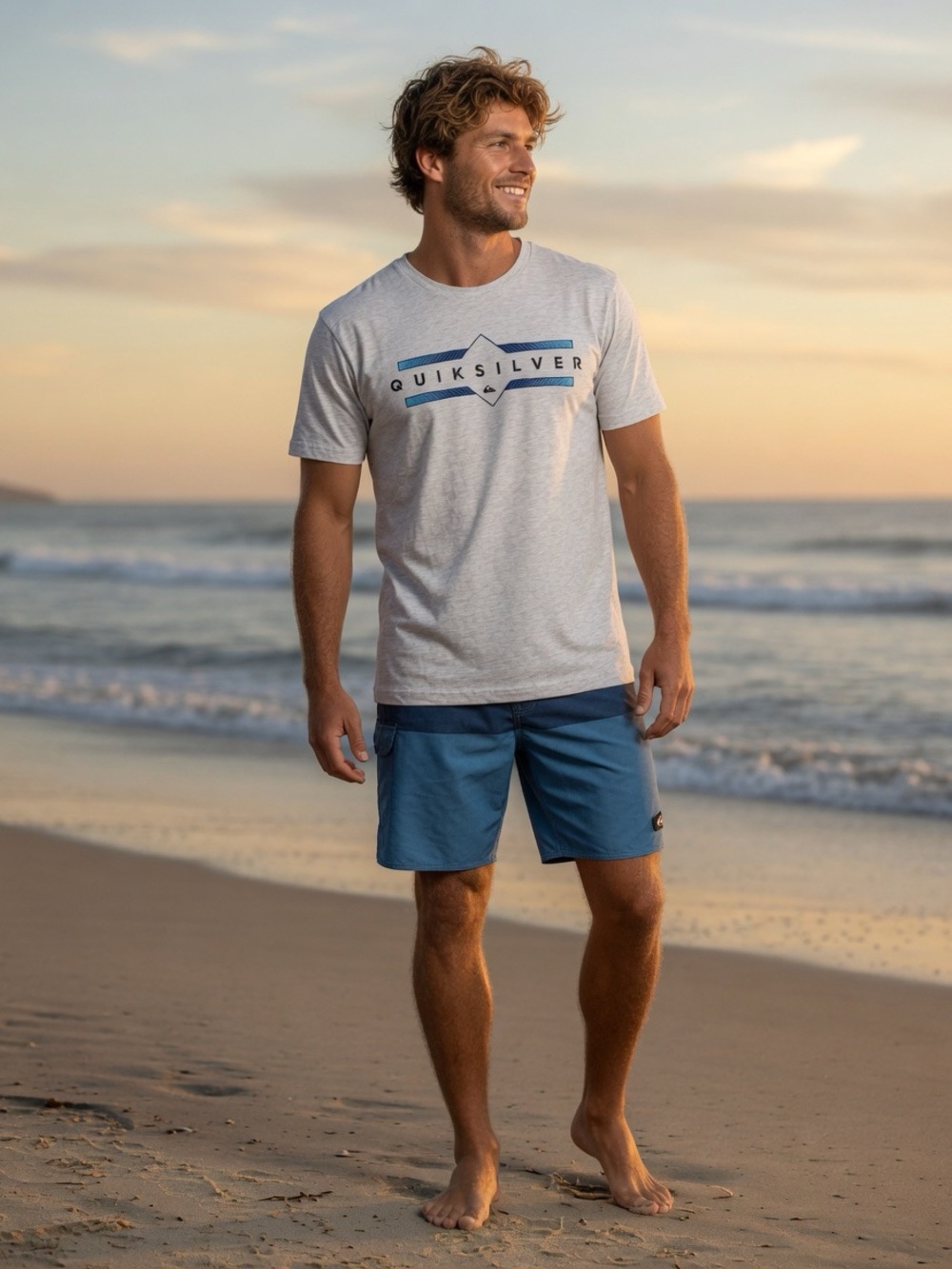 Quiksilver Light Gray Short Sleeve Tee with Blue Graphic